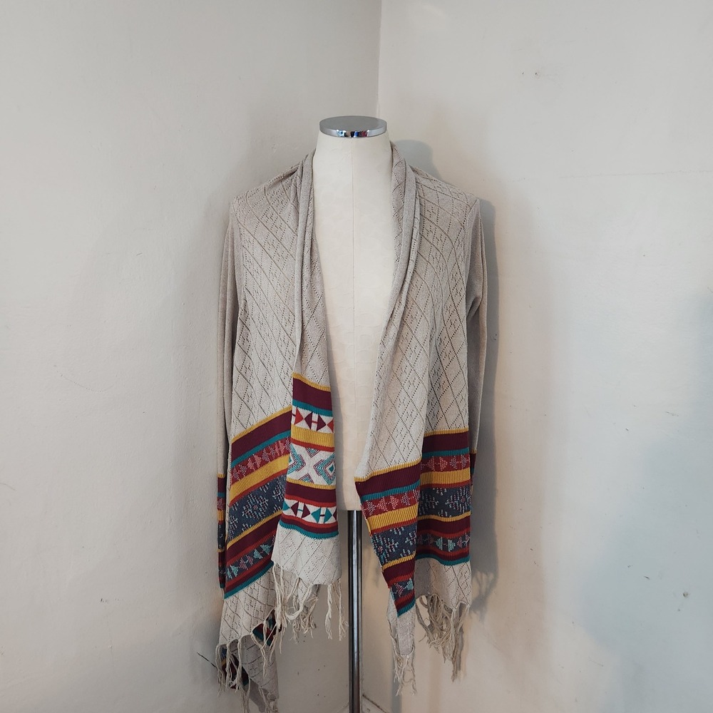 Noble Outfitters Beige Sweater with Aztec Print Fringe Women's Size L‎
